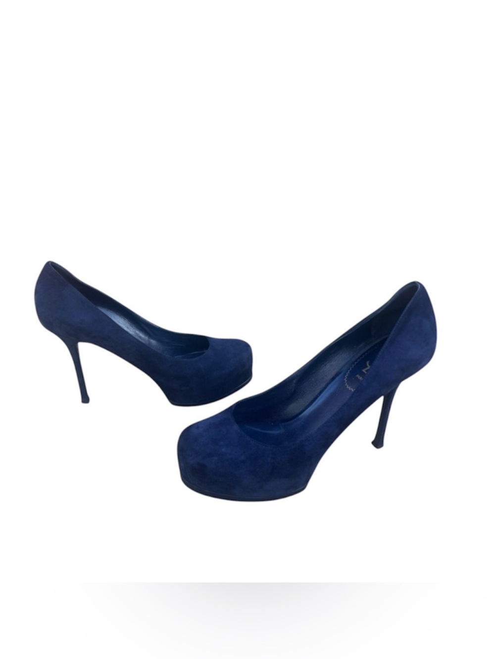 $995~YSL YVES SAINT LAURENT~Navy Blue Suede TRIBTOO 115 Platform Pumps~9/9.5/40